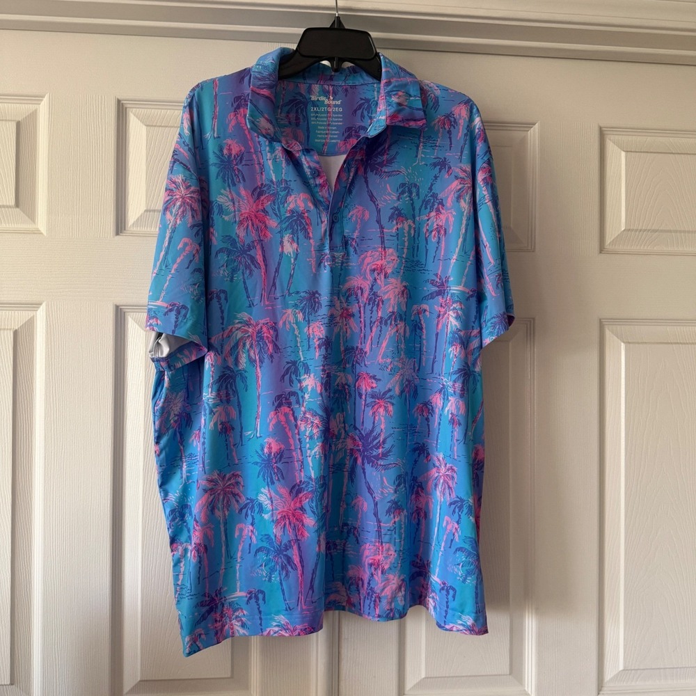 Birdie Bound Mens Polo Shirt 2XL Blue Pink Palm Tree Tropical Performance Golf